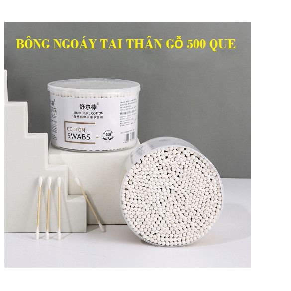 Hộp 500 tăm bông ráy tai, thân tăm gỗ 2 đầu bông được khử khuẩn siêu sạch, chăm sóc tai an toàn