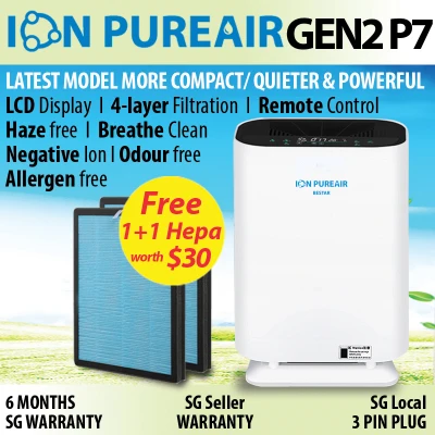 Air Purifier Hepa Filter ION PUREAIR NEW GEN2 P7 MORE COMPACT/QUIETER LCD Display/Hepa/Ionize/large area SG Local Warranty