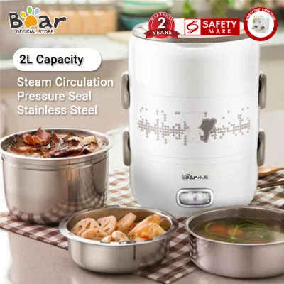 Bear Electric Heating Lunch Box /DFH-S2358 2.0L Portable Electric Heating Lunch Box/ rice cooker Multi-Function 3 Layer /Intelligent Reservation Timing Cooking/Steaming Boiling Egg Portable Keep Fresh (Singapore 3-Pin Plug)