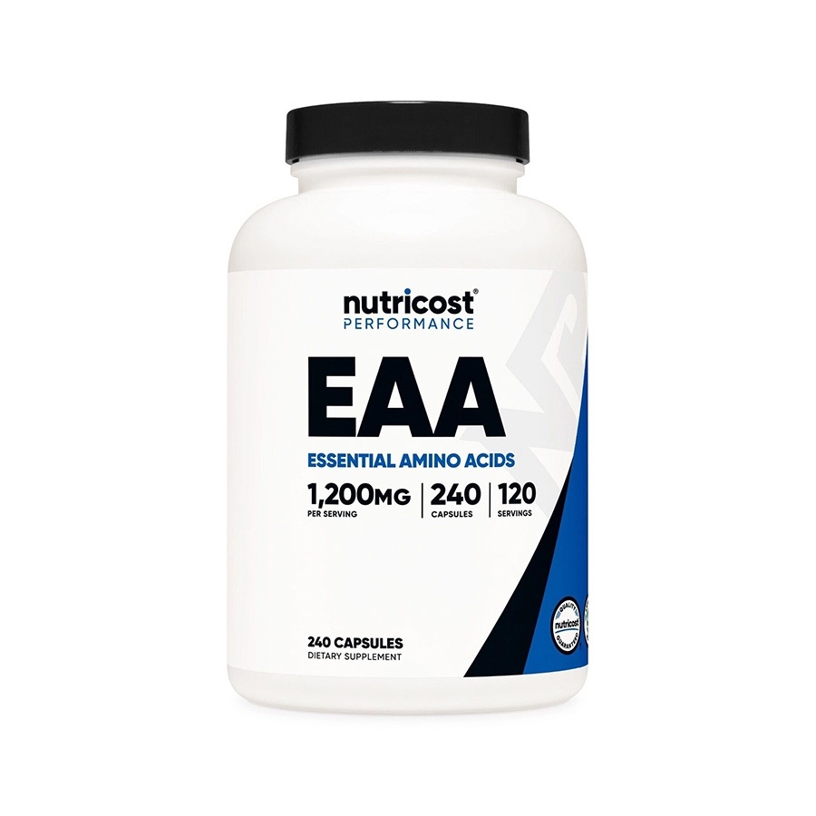 Viên uống Nutricost EAA 1200mg - Essential Amino Acids bổ sung axit amin cần thiết, phát triển cơ bắp ✓ Thúc đẩy tổng hợp protein, hỗ trợ phát triển cơ bắp. ✓ Phòng ngừa mất cơ, teo cơ hay dị hóa cơ bắp. ✓ Giảm viêm, giảm stress oxy hóa nhờ L-Methionin