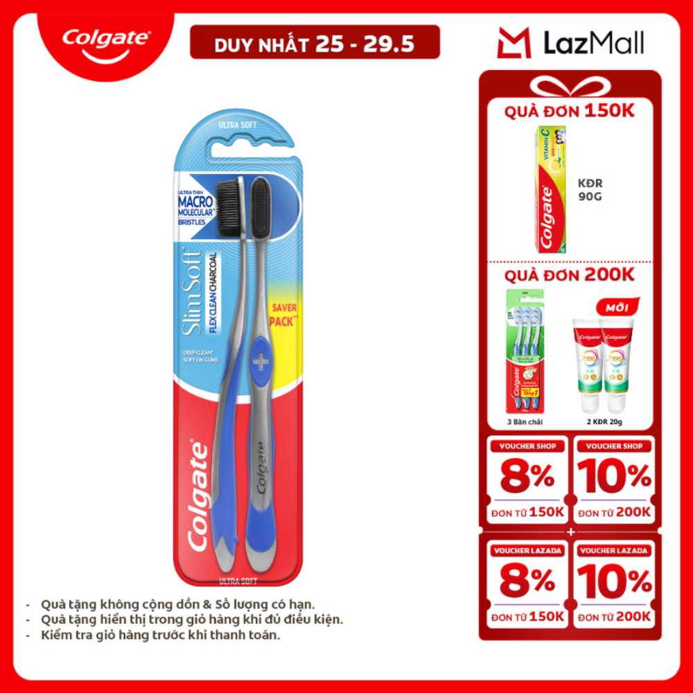 [Chỉ 25-29.5_X2 Voucher giảm 20%] Bộ 4 bàn chải Colgate Slimsoft Flex Clean Charcoal nguyên khối than hoạt tính kháng vi khuẩn