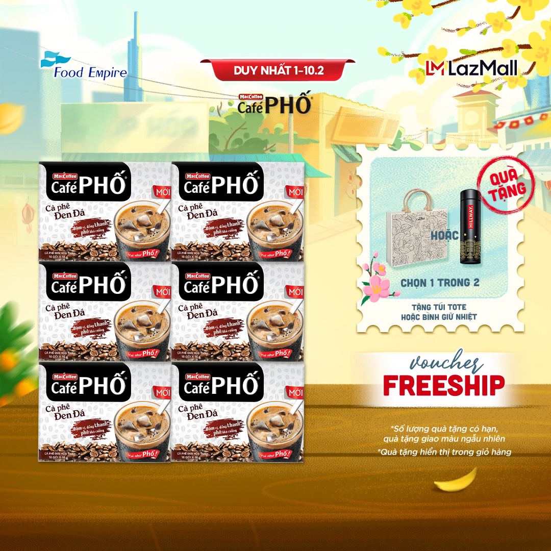 Combo 6 hộp Cà phê Phố Đen Đá - Maccoffee (hộp 10 gói x 16g)