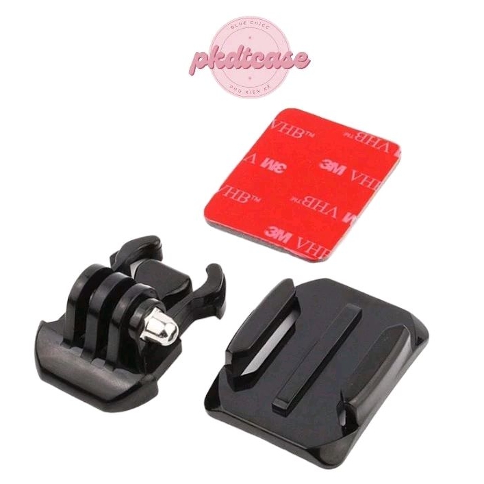Bộ đế kẹp cố định máy GoPro có miếng keo dán chắc chắn, Đế cong đế bằng.