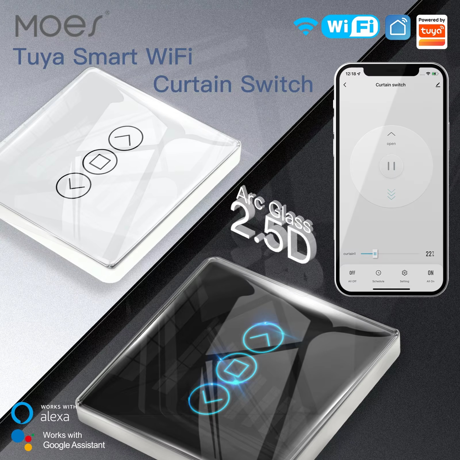 (New product)Moes Tuya WiFi RF433 2.5D Arc Curtain Switch Glass Touch Panel for Roller Blinds Shutters Switch Smart APP Wireless Remote alexa ราคา 725 บาท*ส่งฟรี