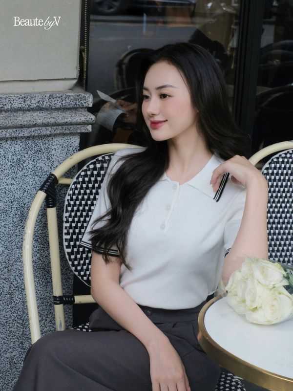 BEAUTEBYV - Áo len cộc tay viền đen Hime