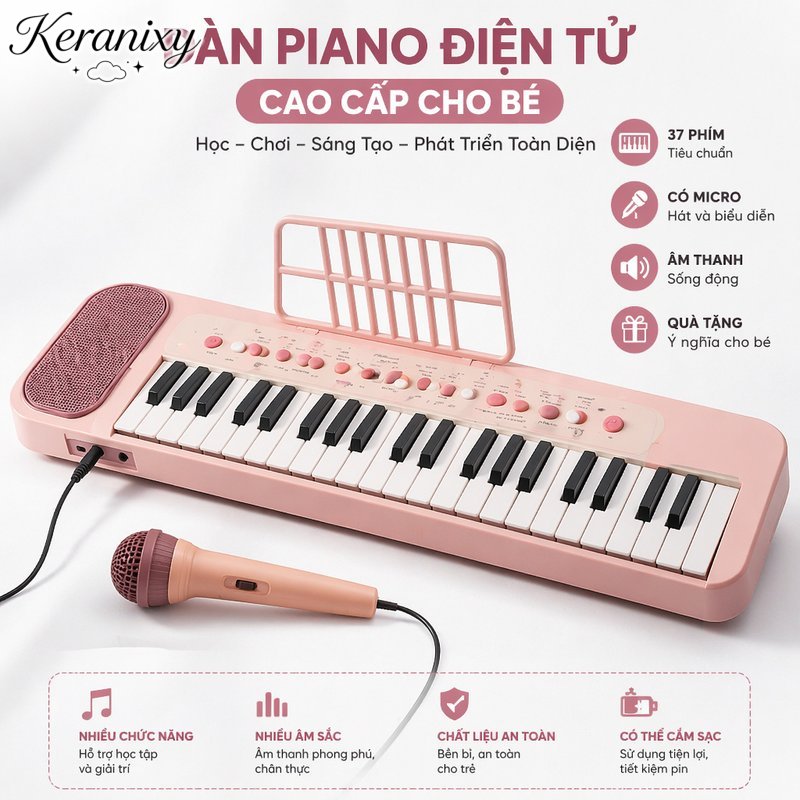Keranixy Đàn piano điện tử organ mini cho bé kèm micro hát phím nhạc nhiều chế độ nhựa abs an toàn đồ chơi giáo dục