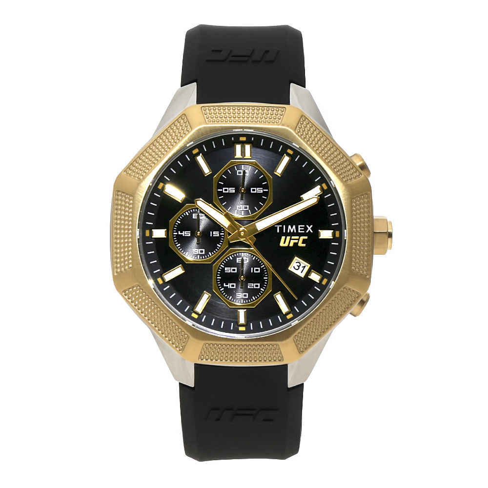 TIMEX TW2V87300 UFC King Chronograph นาฬิกาข้อมือผู้ชาย สายซิลิโคน สีดำ/ทอง 45 มม. ราคา 7,040 บาท*ส่งฟรี
