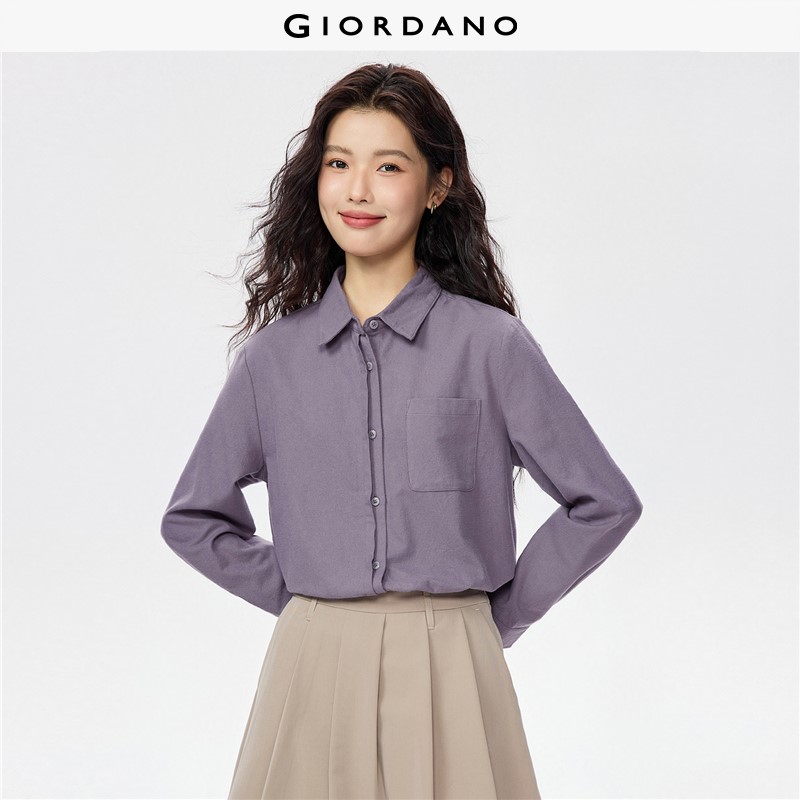 GIORDANO Women Shirts 100% Cotton Flannel Relaxed Shirts Double-Layer Placket Long Sleeve Fashionable Casual Shirts 05346881