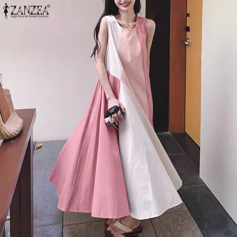 Hijabfab ZANZEA phong cách Hàn Quốc của phụ nữ ăn mặc Chắp Vá Màu Đầm midi thời trang mới không tay A-line sundress #10