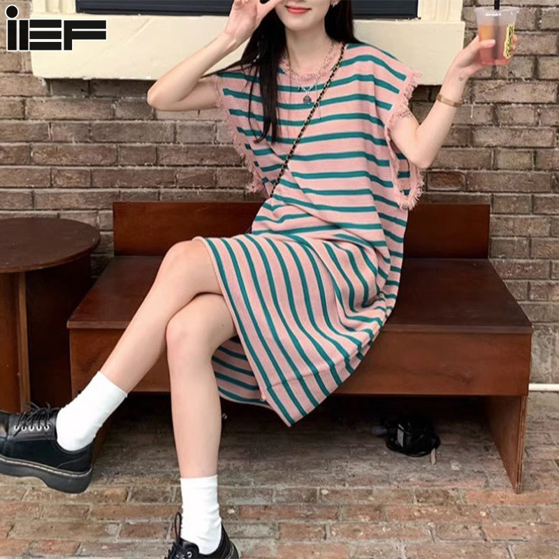 Ief váy áo vest đan kẻ sọc váy áo thun không tay dài tua rua cho nữ