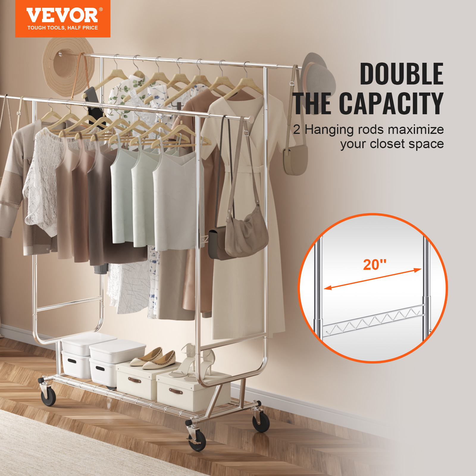 [bbees] VEVOR Clothing Garment Rack Heavy Duty Clothes Rack Adjustable Length Clothes Rack w/ Bottom Shelf & Wheels for Laundry Room ราคา  2,350 บาท*ส่งฟรี