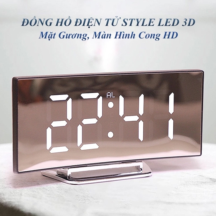 Đồng hồ LED 3D 7 inch màn hình gương cong chức năng báo thức và soi gương tiện lợi.