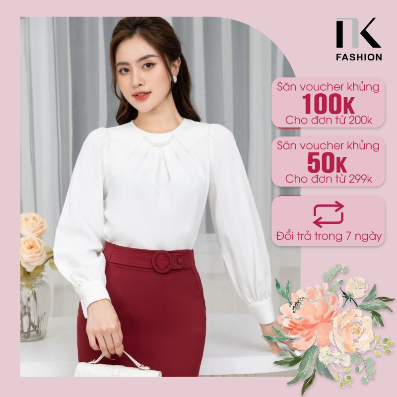 Áo sơ mi công sở dài tay cổ đính dây ngọc nk fashion nksm2209002 chất vải lụa hàn cao cấp, mềm mại