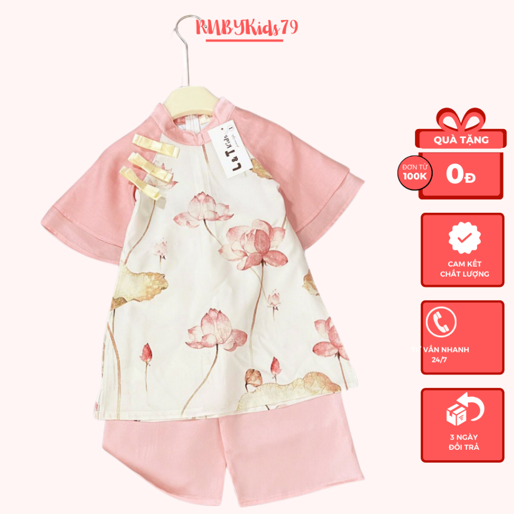 Áo dài tết bé gái, set áo dài cho bé sen hồng xinh xắn dễ thương - rubykids79