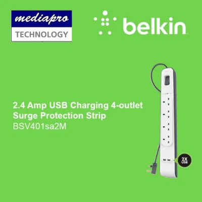 BELKIN BSV401sa2M 4 Outlets 2M Surge Protection Strip with 2 USB Ports - BSV401