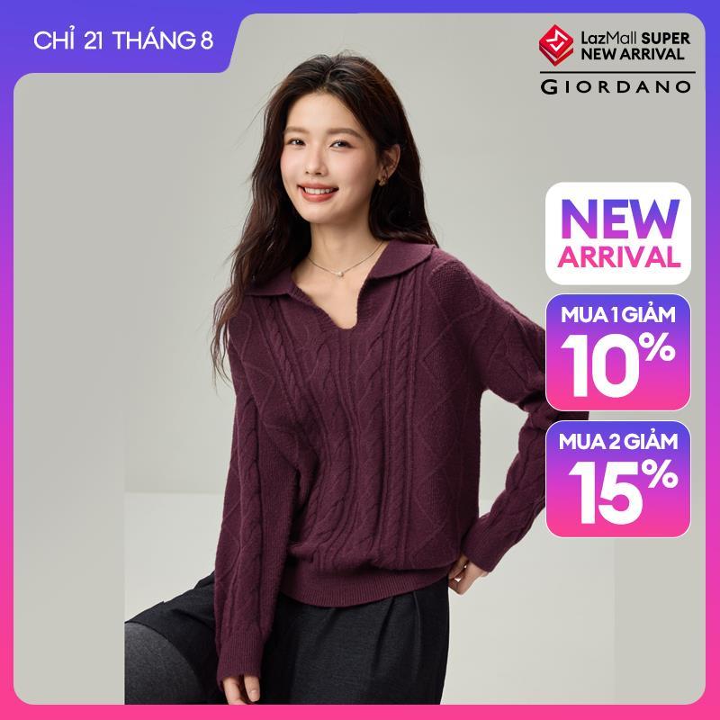 GIORDANO Women Sweaters Open Collar Cable Knit Sweaters Stretchy Fashionable Casual Loose Sweaters 13356638