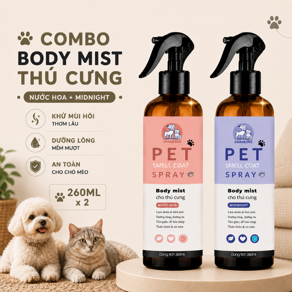 Xịt thơm chó mèo Caroline 260ml - Bodymist cho thú cưng  giúp khử mùi, dưỡng da lông chai tiết kiệm (Combo 2 chai)