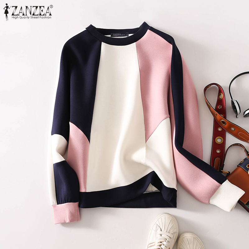 Hijabfab ZANZEA Womens mùa thu O cổ Áo Thun Tay Áo Dài màu tương phản yếu tố cần thiết giản dị sweatershirt #0923