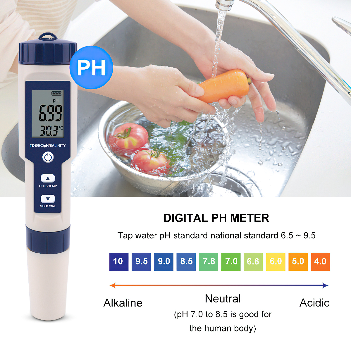 Bút kiểm tra chất lượng nước 5 trong 1, dùng để làm vườn và đo độ ph/tds/ec/độ mặn/nhiệt độ