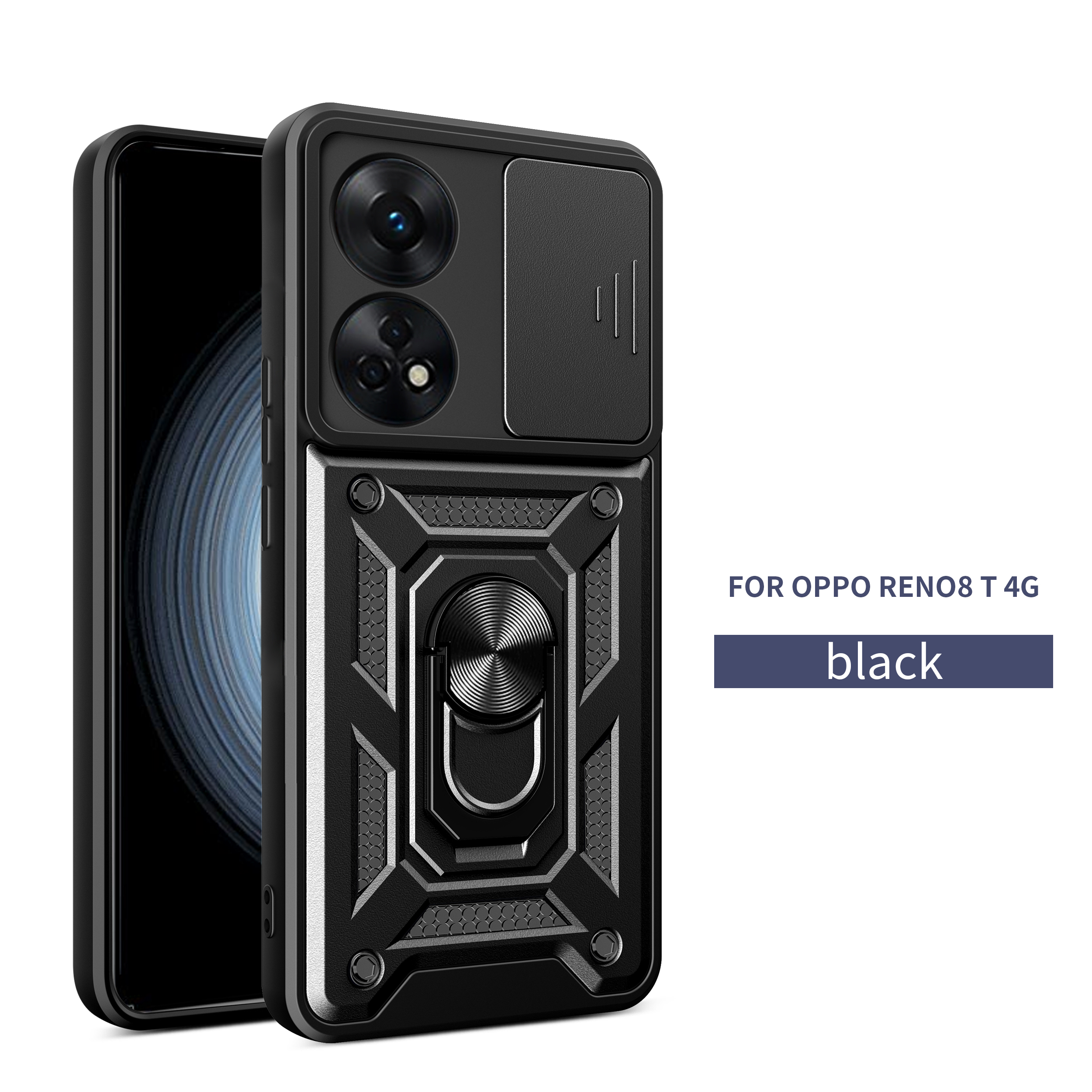 For OPPO Reno8 T 5G Case Shockproof Ring Stand Armor Case OPPO Reno8 T 4G Slide Camera Lens Protect Back Casing Hard Phone Cover