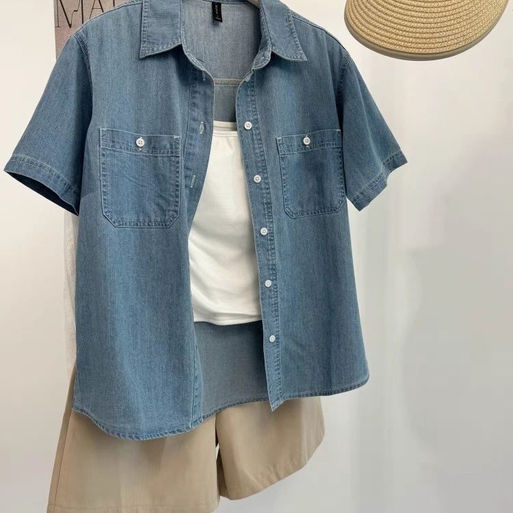 Thin denim shirt women's polo half-sleeved summer design sense niche shirt Hong Kong style light blue short-sleeved top jacket