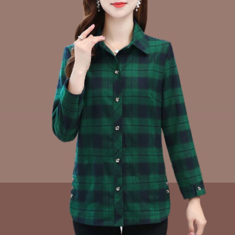 Women's long sleeved T-shirt autumn new POLO slimming plaid fashion mom's loose casual shirt
