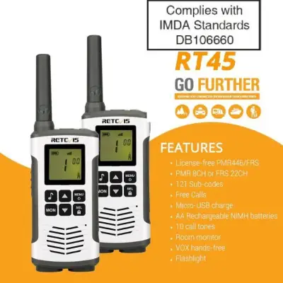 IMDA approved, license free Retevis RT45 PMR Radio (Personal Mobile Radio) Walkie Talkie 2 pcs PMR PMR446 Handy Two-Way Radio Communicator Family Walkie-Talkie with baby monitor function