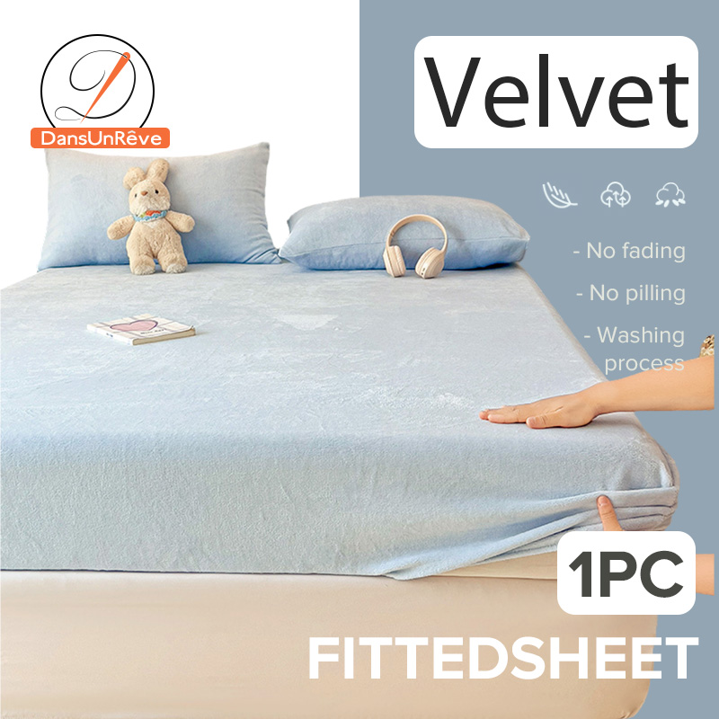 Dansunreve Velvet Bedsheet Plain Fitted Sheet Soft Warm Solid Color Grey/Blue/Pink/Green Super Single Queen King Size Bed Sheet Elastic Mattress Protector ราคา 239 บาท*ส่งฟรี