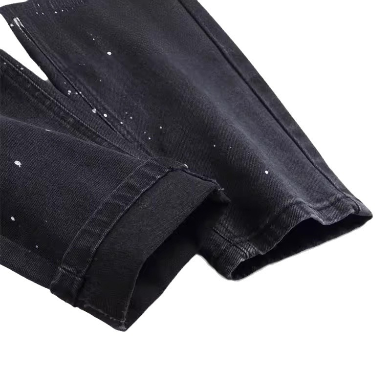Iddowl Quần jean nam bó sát co giãn chân nhỏ vá tay màu đen 3531
