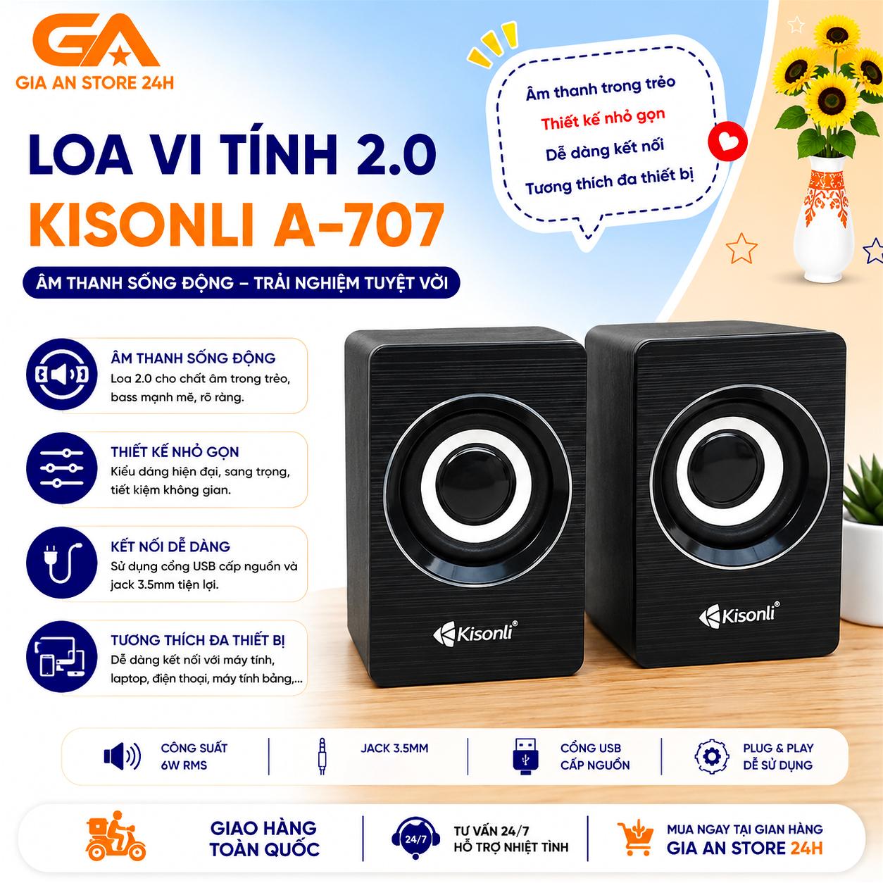 Loa Vi Tính 2.0 Kisonli A-707 – Loa USB Jack 3.5mm Cho PC, Laptop