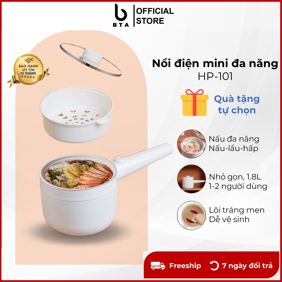 Nồi lẩu điện đa năng mini HP101 1.8L, kết hợp nồi hấp dành cho 1-2 người, lòng nồi sứ, nấu và hấp cùng lúc, BH 12 tháng.