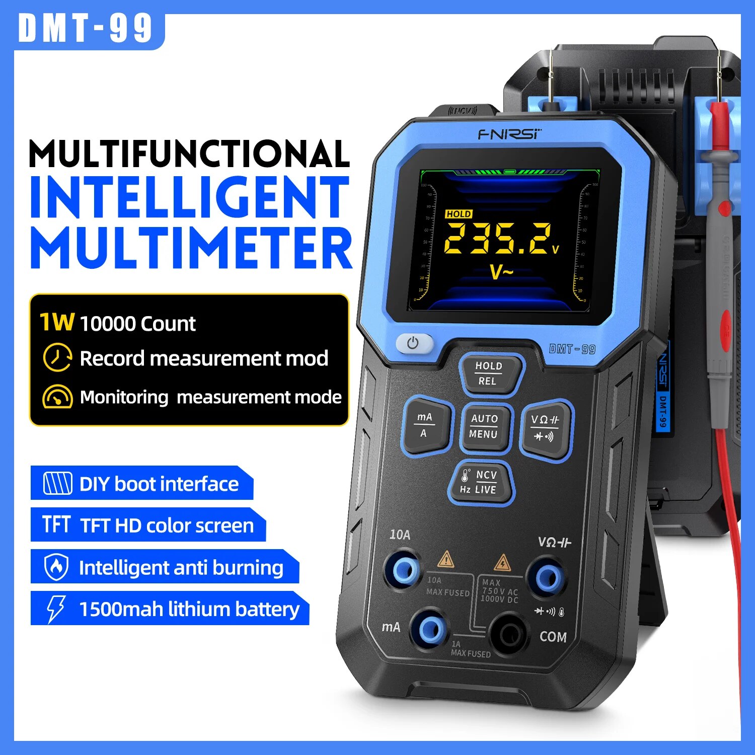 【】 Dmt-99 Digital Multimeter Professional Tester 9999 Counts 1000v 10a True Rms Automatic Range Ac Dc Ohmic Hertz