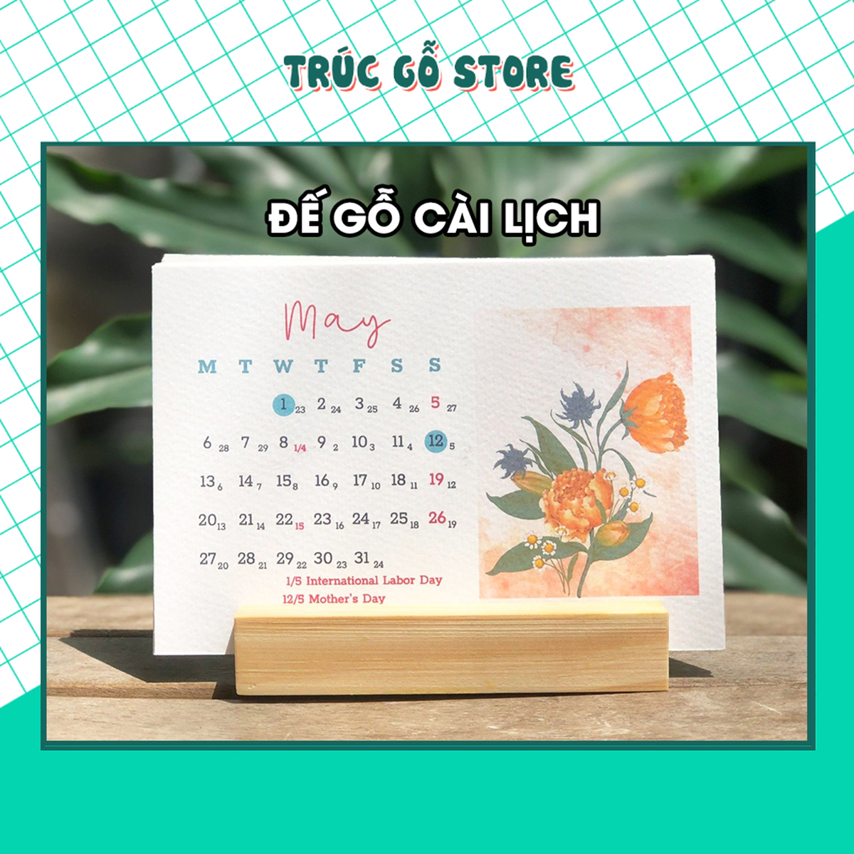Đế gỗ cài lịch để bàn, giá gỗ kẹp lịch năm
