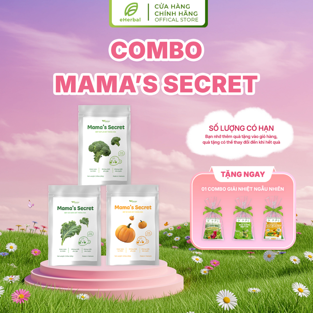 Bột Rau Củ Eherbal Bột Bí Đỏ, Bột Súp Lơ, Bột Cải Kale Sấy Thăng Hoa (69g)