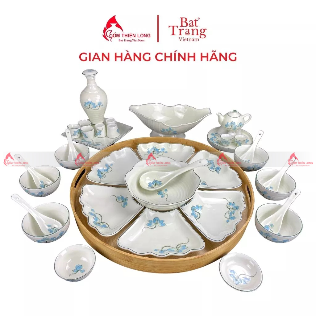 Bộ bát đĩa thắp hương hoa mặt trời vẽ sen xanh gốm sứ Bát Tràng gốm Thiên Long 236626