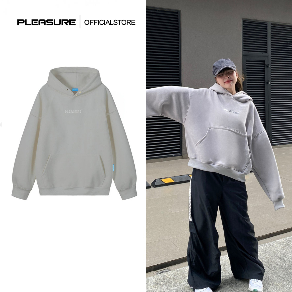 Áo hoodie PLEASURE/Tráng Gương Bạc/Grey form rộng mũ 2 lớp tay phồng chất nỉ bông 100cotton premium PL08