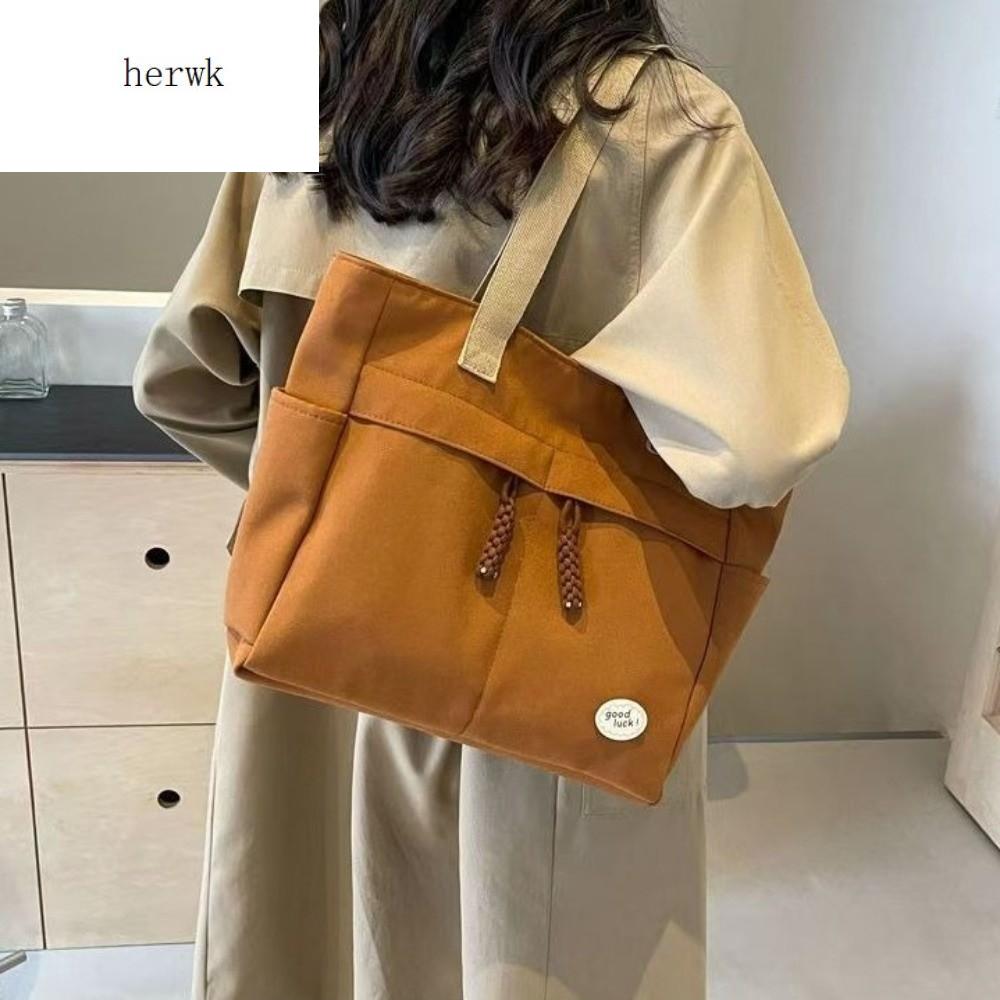 HERWK Nhiều túi Túi Tote Canvas Phong cách Nhật Bản Dung lượng lớn Túi đeo vai Đơn giản Màu sắc đồng nhất Túi xách đơn giản Quý cô