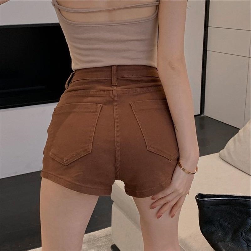 COD DSFEDTERYRTU Quần Short Denim Màu Nâu Caramel Lưng Cao Dáng Ôm Gợi Cảm Phong Cách Hàn Quốc Cho Nữ