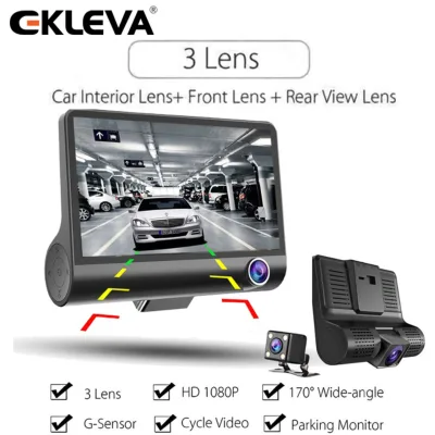 EKLEVA 1080P 3 Lens G-sensor HD Car DVR Dash Cam Video Recorder inch Dash Front 4" inside of car and Rear 170+120 Car Camera DVR Video Recorder Black