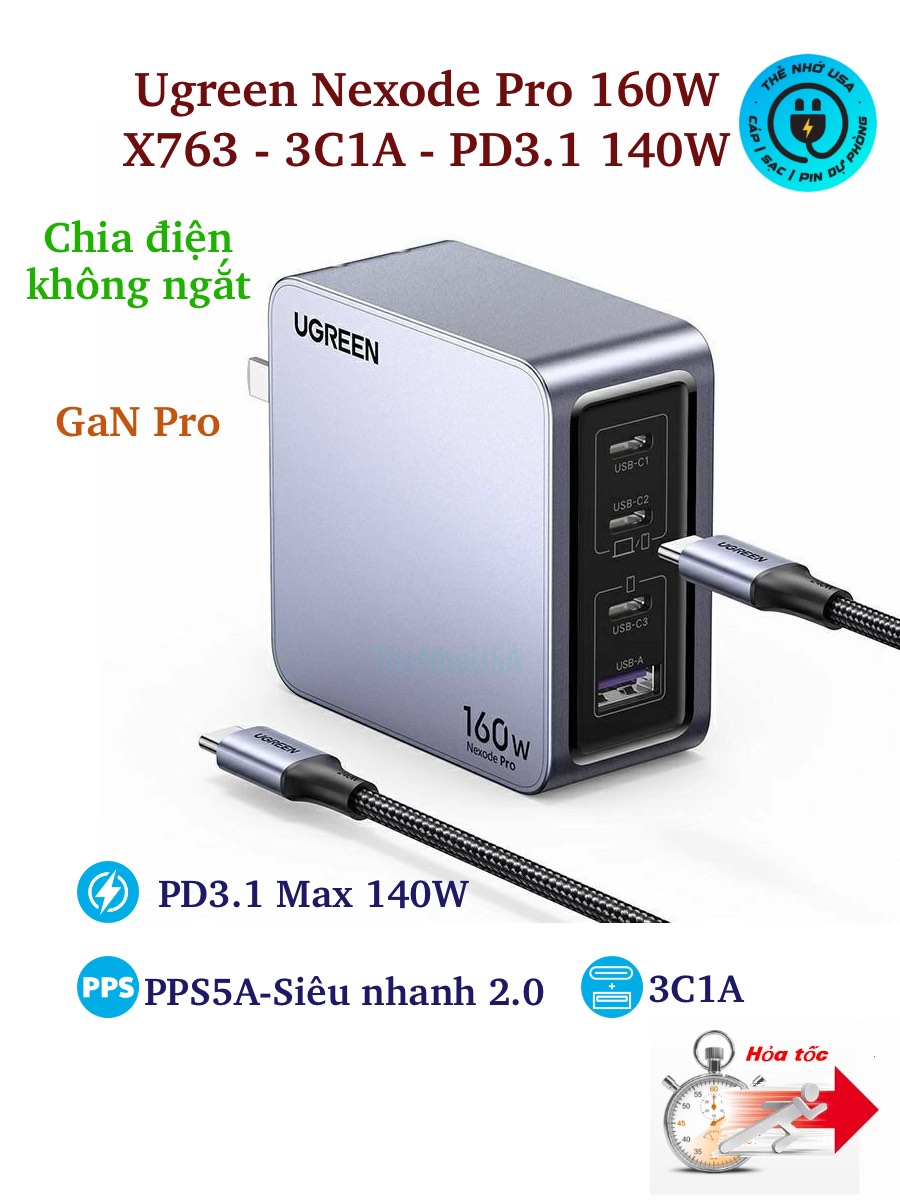 Củ sạc nhanh Ugreen 160W 140W Max 3C1A chia điện không ngắt PD3.1 PPS5A QC X763