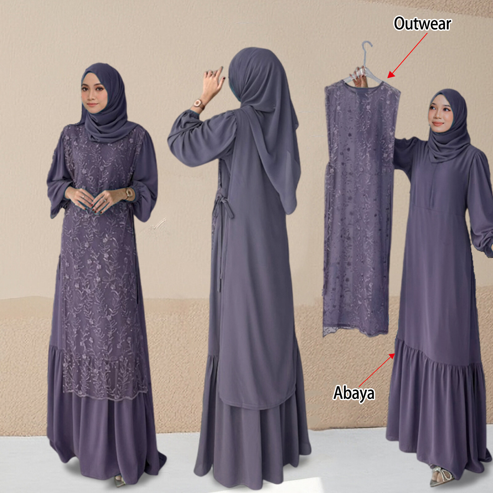 Abaya Pleated Lace Plus Size Maxi Dress Muslimah Robe Dubai Jubah