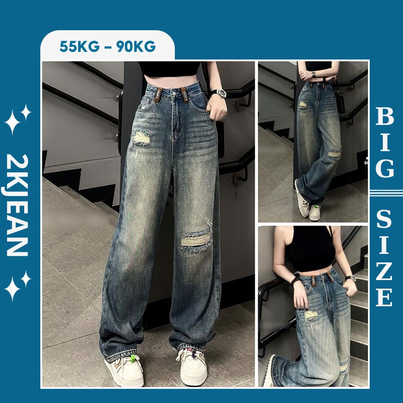  Quần ống suông rộng rách jean nữ Bigsize 58kg-90kg quần bò nữ ống rộng rách dáng xuông MS223 2KJeans 