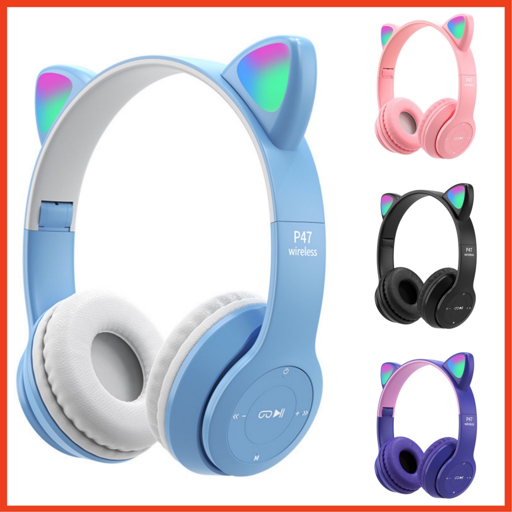 Headphone P47 Tai Nghe Bluetooth Có Mic Nghe Nhạc Học Tập Tai Mèo - Tai nghe Ko Dây