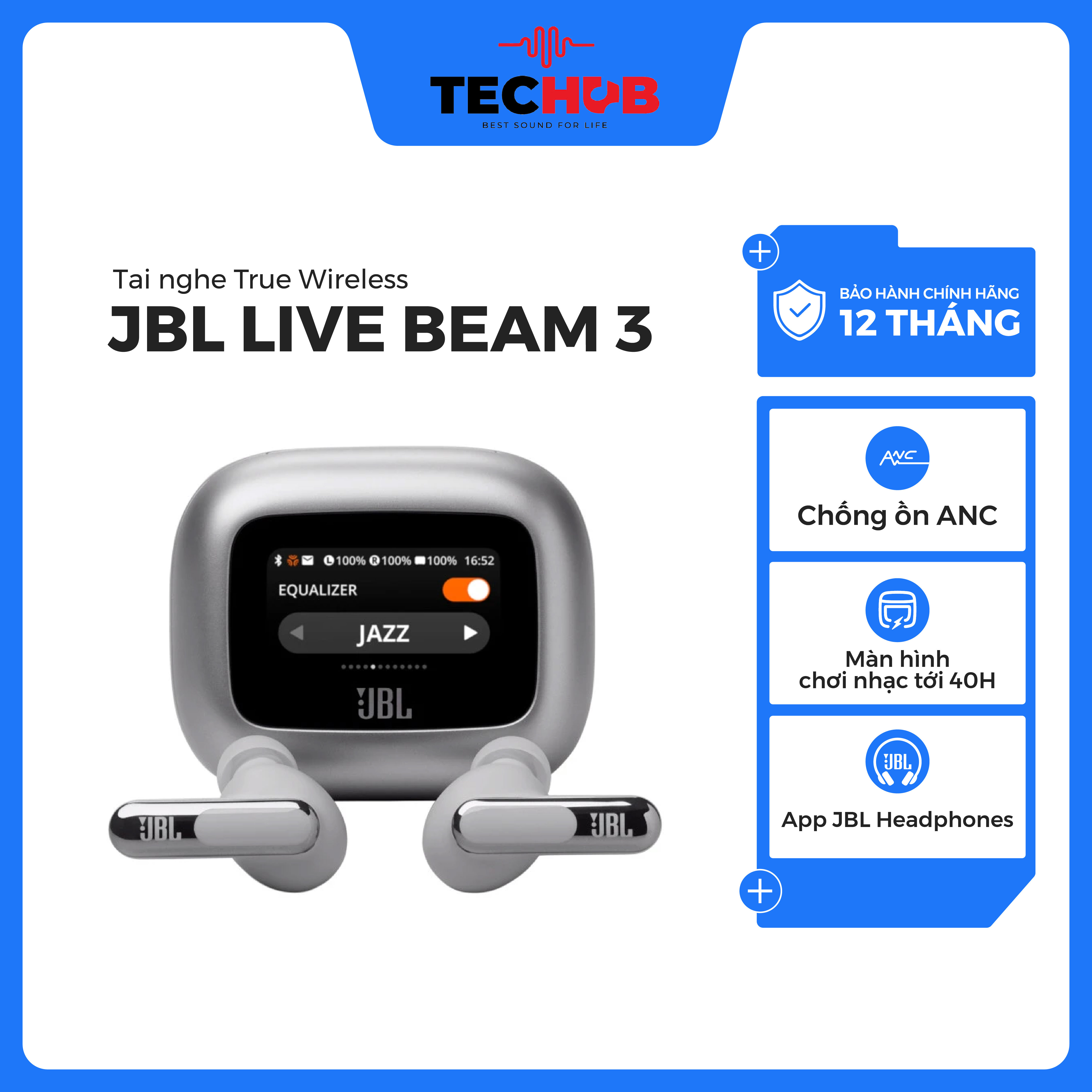 Tai nghe JBL Live Beam 3 Âm Thanh Hi Res Chống Ồn Chủ Động ANC Điều Khiển App Hộp Tai Nghe Có Màn Hình Chơi Nhạc Tới 40h