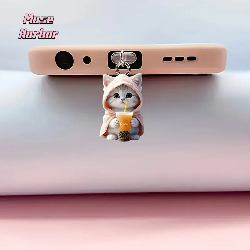 Muse Harbor จี้แมวน่ารักพร้อมชาไข่มุกสำหรับปลั๊กป้องกันฝุ่นโทรศัพท์มือถือ ราคา 11 บาท*ส่งฟรี