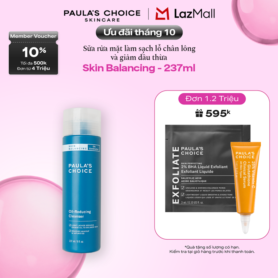 Sữa Rửa Mặt Cân Bằng Độ Ẩm Và Kiềm Dầu cho da dầu, da hỗn hợp  Paula’s Choice Skin Balancing Oil Reducing Cleanser 237ml 1150