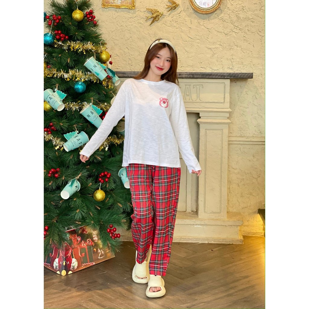 Sét đồ nữ NOEL áo dài tay xược  quần kẻ ô phom baggy ANHSTORE Bộ mặc tết  mặc nhóm tông màu đỏ kẻ ô 
