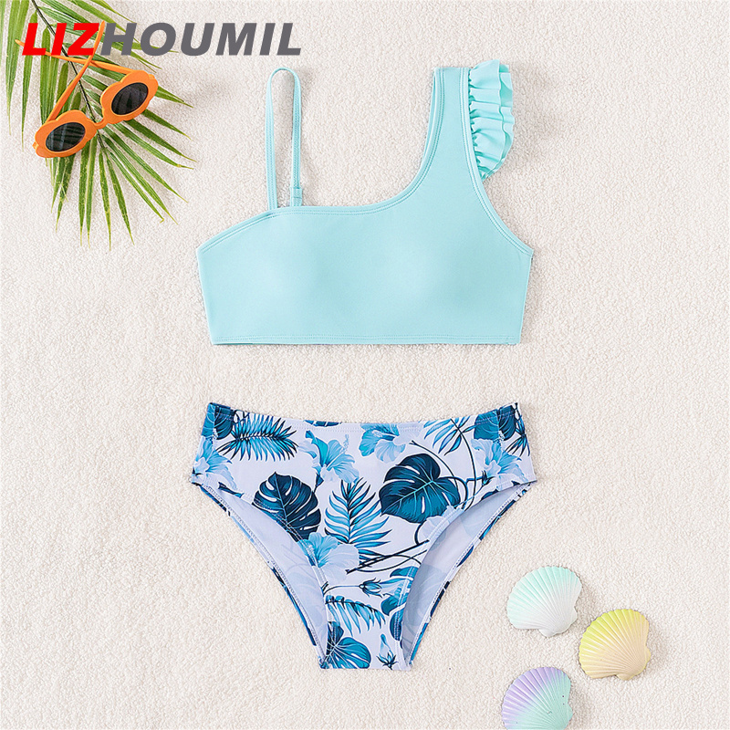 LIZHOUMIL Kid Girl Two Pieces Bathing Suit Leaves Printing One Shoulder Swimsuit Bikini Bathing Suit For Infant Girl ราคา 199 บาท*ส่งฟรี