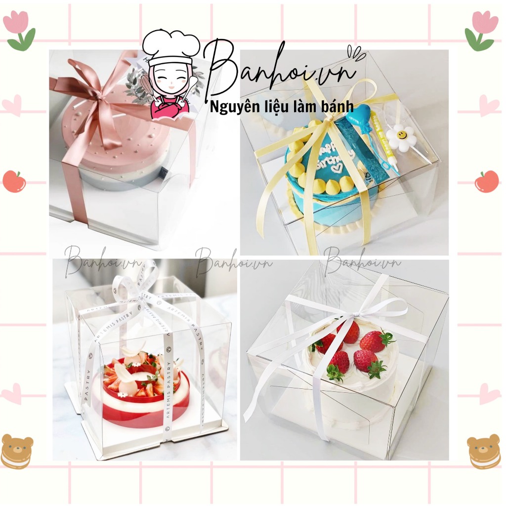 Hộp mica trong suốt đựng bánh kem, trang trí set quà hộp bánh kem mica, hộp bánh kem trong suốt