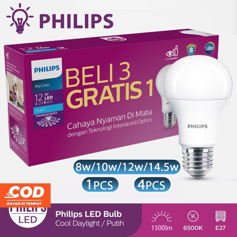 Lampu Philips Lampu LED Philips 8W 10W 12W 14.5 Watt Multipack Lampu led rumah Led Bulb 230V 6500K Putih 1Pcs/2Pcs/4Pcs Harga  39,000 rupiah*Gratis Ongkir